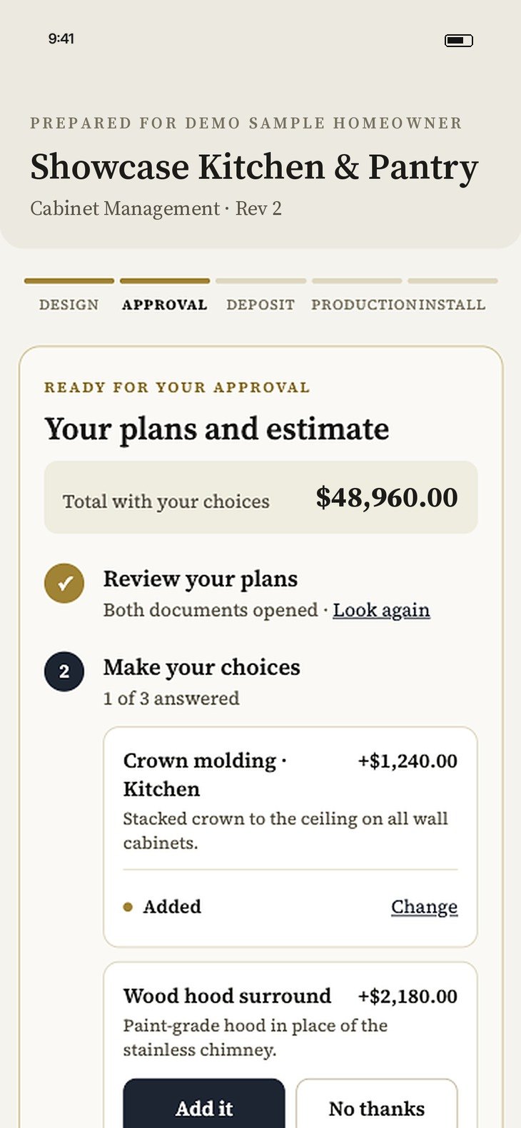 Customer approval screen on a phone: Showcase Kitchen & Pantry, progress steps, a $48,960.00 total and optional upgrades