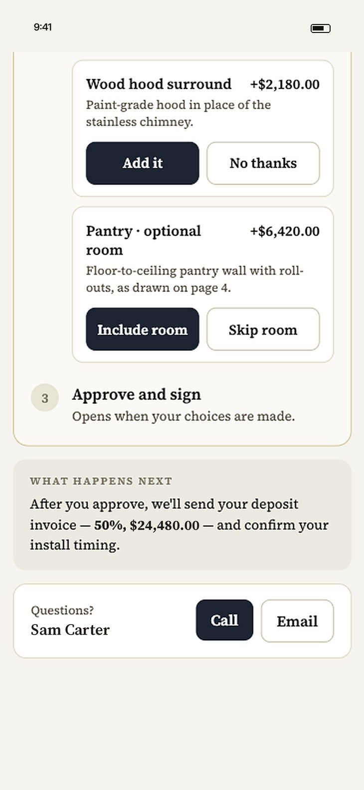 The same approval screen scrolled: optional pantry room, Approve and sign, what happens next and a Questions? contact