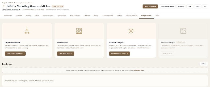 Design Boards tab with inspiration board, mood board and hardware report