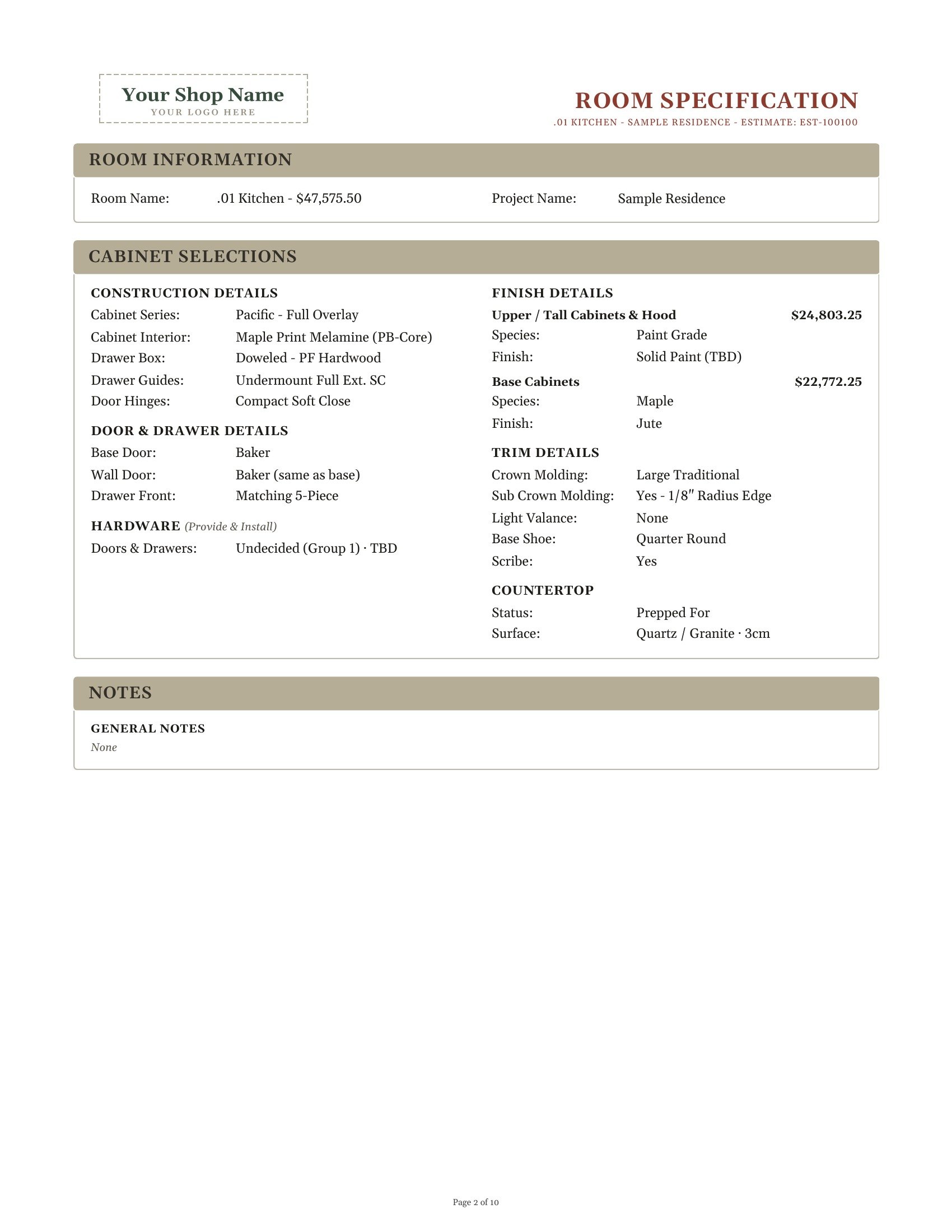 Estimate room specification page for .01 Kitchen: construction, door and drawer, hardware, finish, trim and countertop details with upper and base cabinet prices