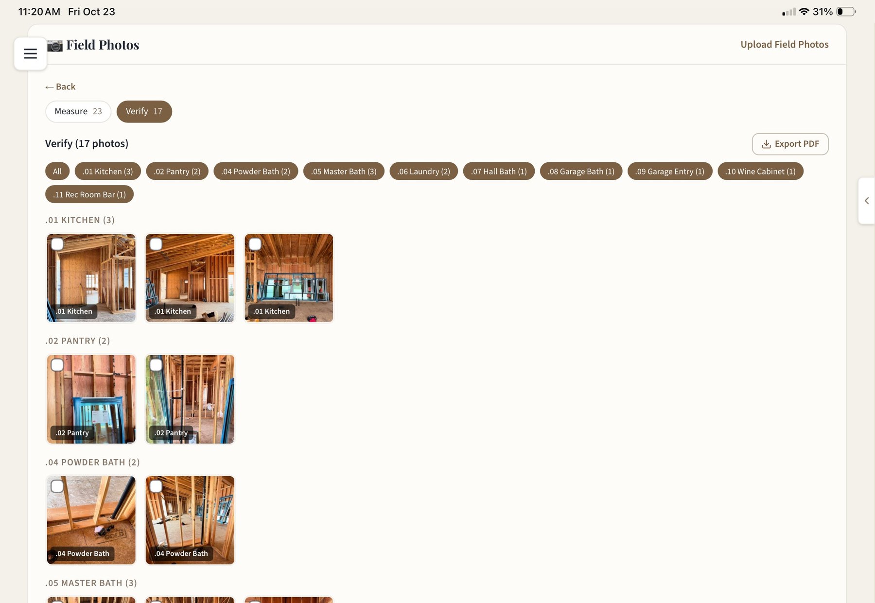 Field Photos on iPad: verify photos grouped by room with Export PDF