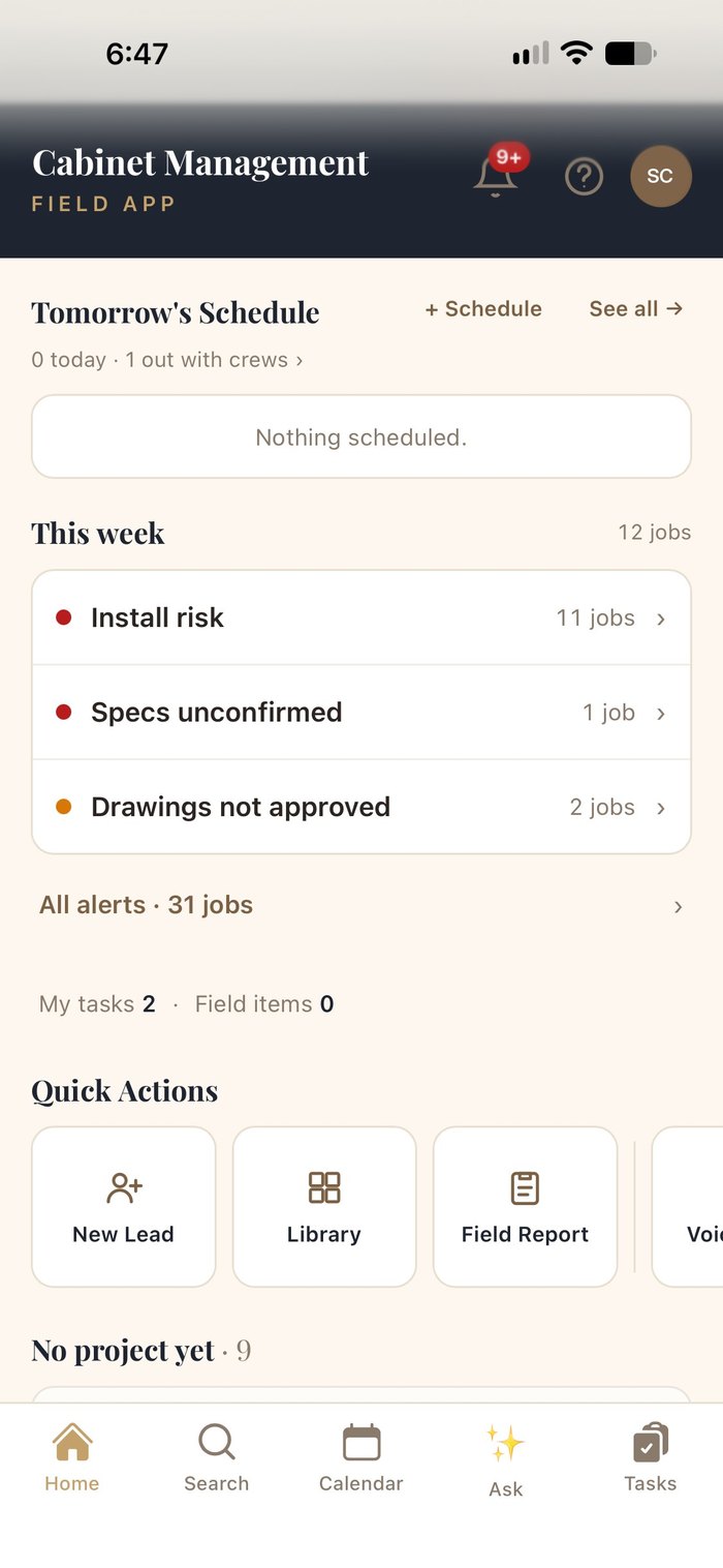 Field app home on iPhone: tomorrow's schedule, this week's alerts and quick actions