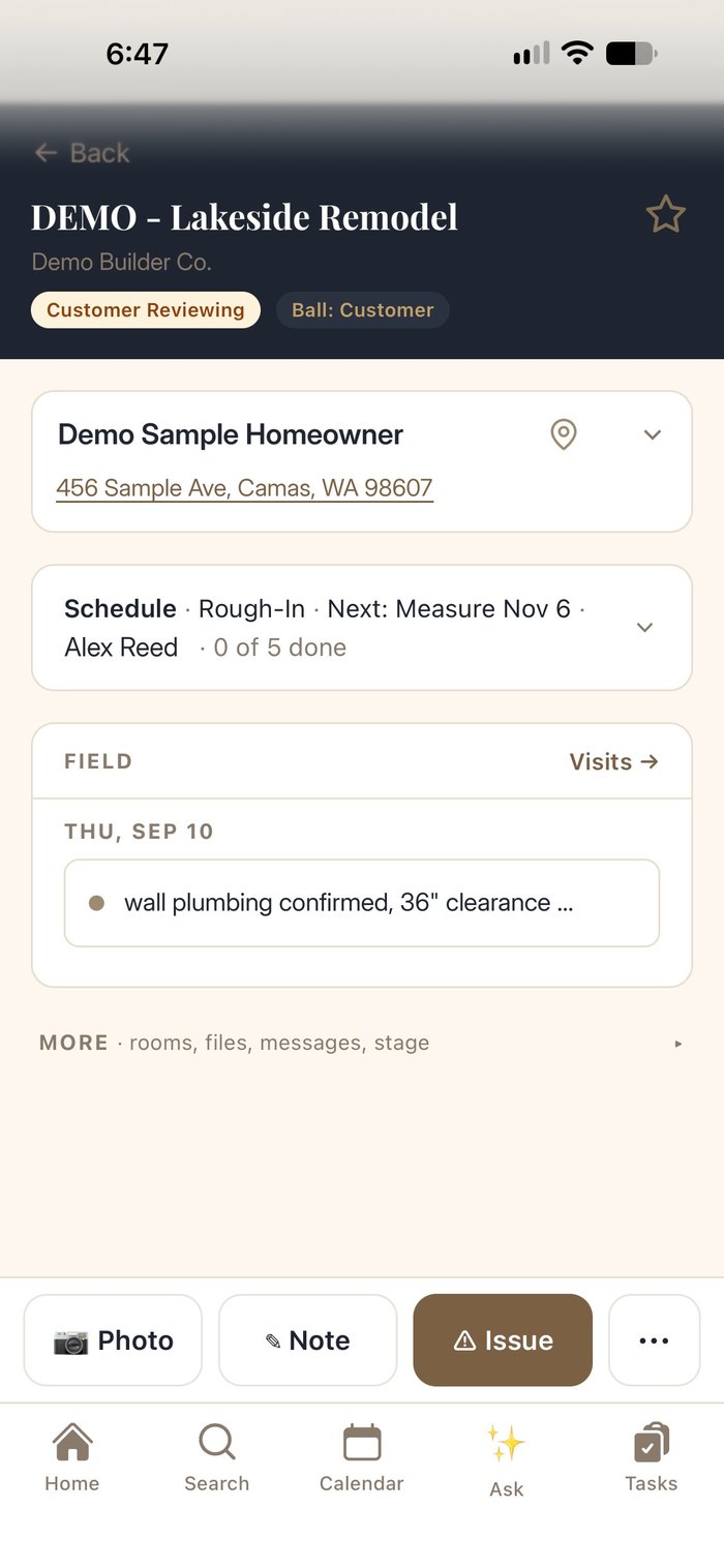 Job view on iPhone with address, schedule, field notes and Photo, Note and Issue buttons