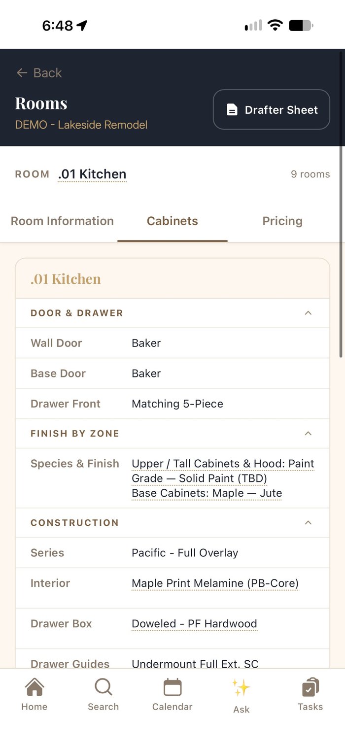 Room cabinet specs on iPhone: door, drawer, finish and construction