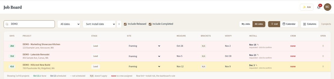 Job Board listing three sample jobs with measure, verify and install dates