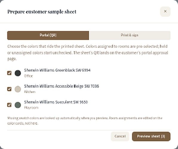 Prepare customer sample sheet, Portal (QR) tab, with Sherwin-Williams Greenblack SW 6994, Accessible Beige SW 7036 and Succulent SW 9650 swatches