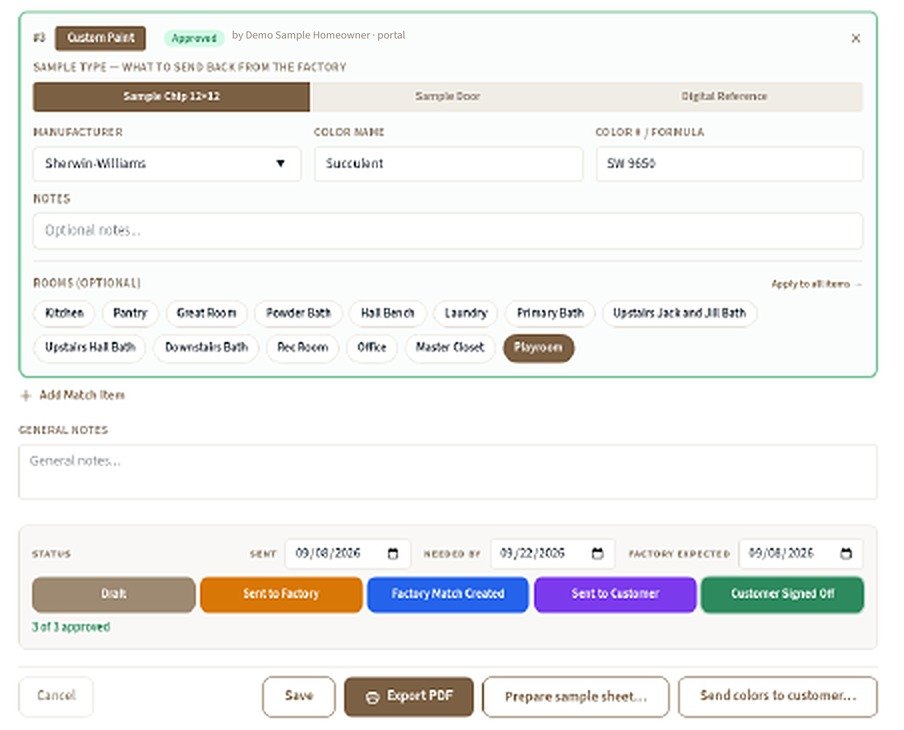 Finish Match order: a Sherwin-Williams Succulent SW 9650 custom paint item for the playroom marked Approved by Demo Sample Homeowner in the portal, with the Draft to Customer Signed Off status row and 3 of 3 approved