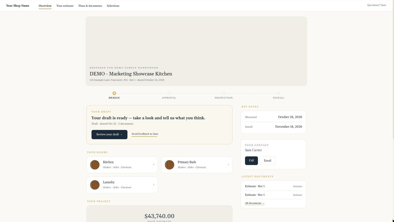 Customer portal for a sample kitchen: draft ready for review, progress, key dates, contact and rooms